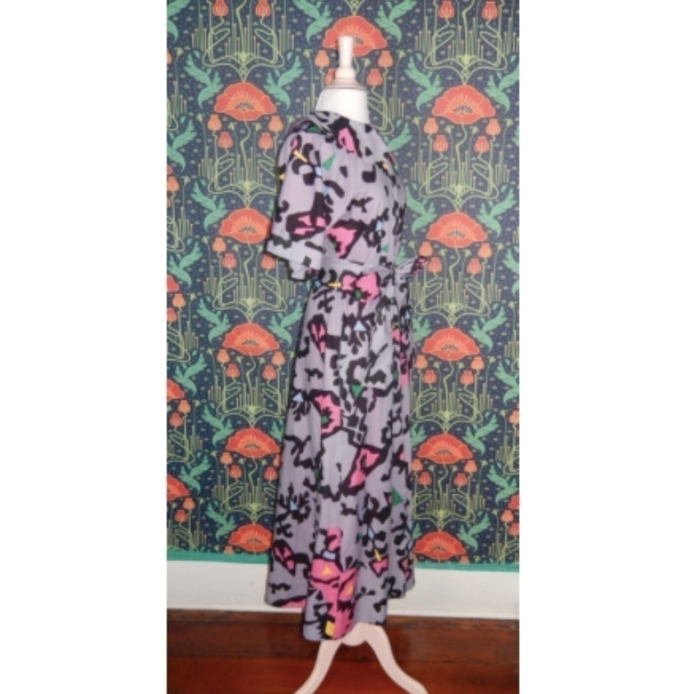 Buru Purple Pink Abstract Whimsical Print Cotton Peter Pan Collar Midi Dress - Picture 5 of 6